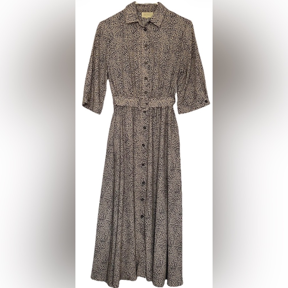 Melloday Animal Print Collared Button Belted Midi Dress S Beige Black Pockets